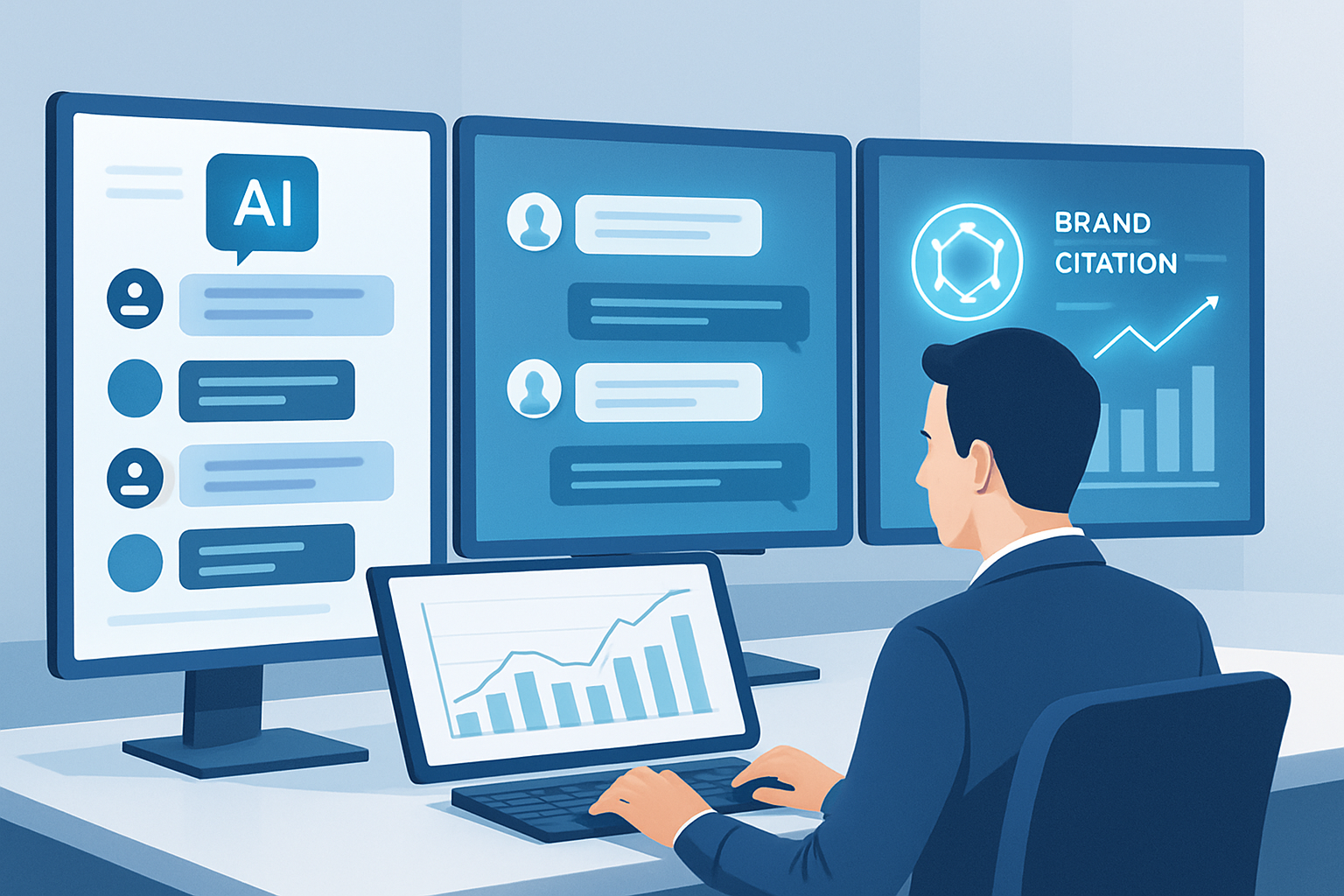 Marketing professional monitoring AI citation optimization across ChatGPT Gemini and Perplexity dashboards