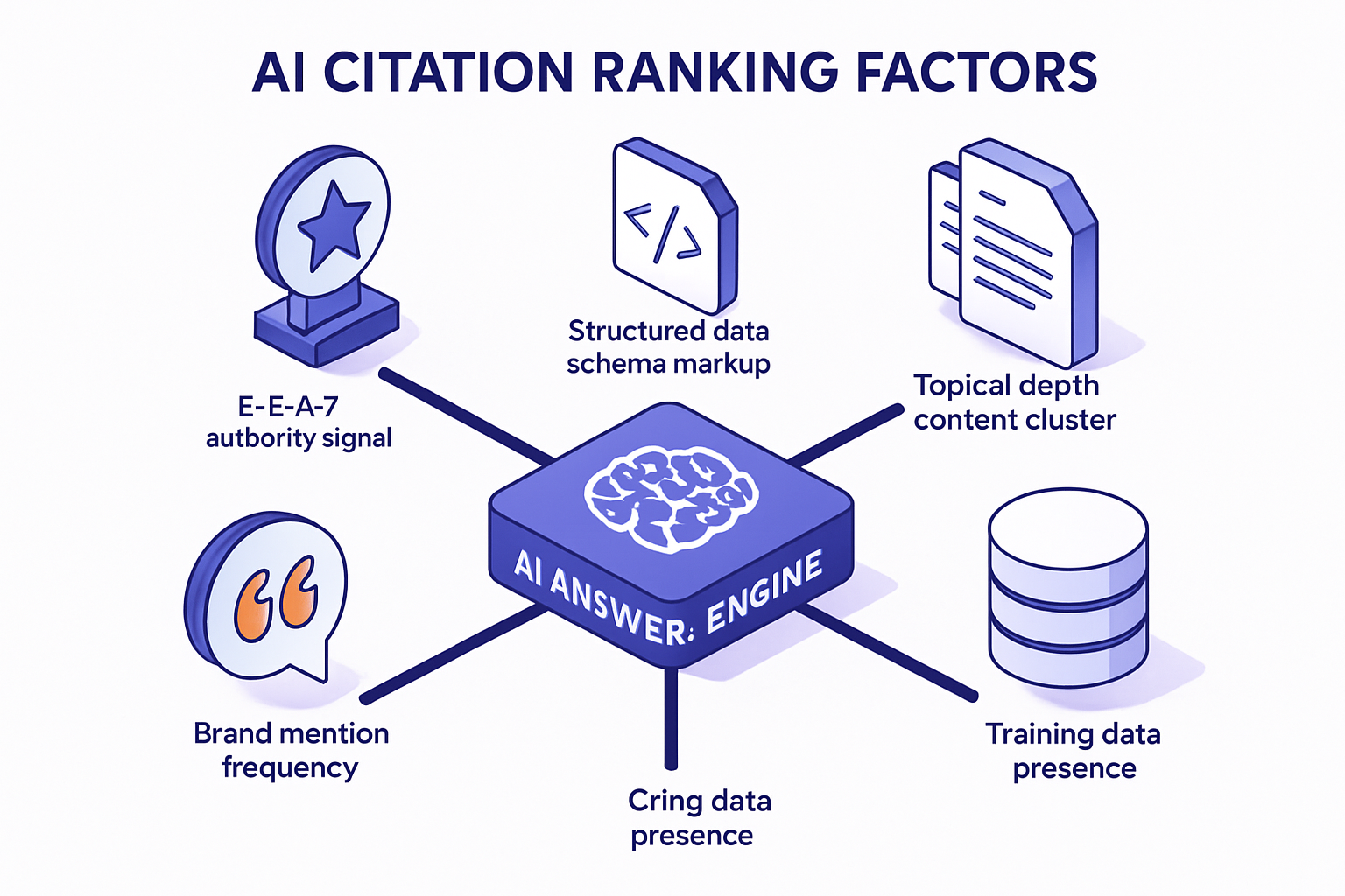 Isometric diagram showing AI citation ranking factors: topical authority, E-E-A-T signals, structured data, brand mention frequency, and training data presence feeding into a central AI answer engine hub