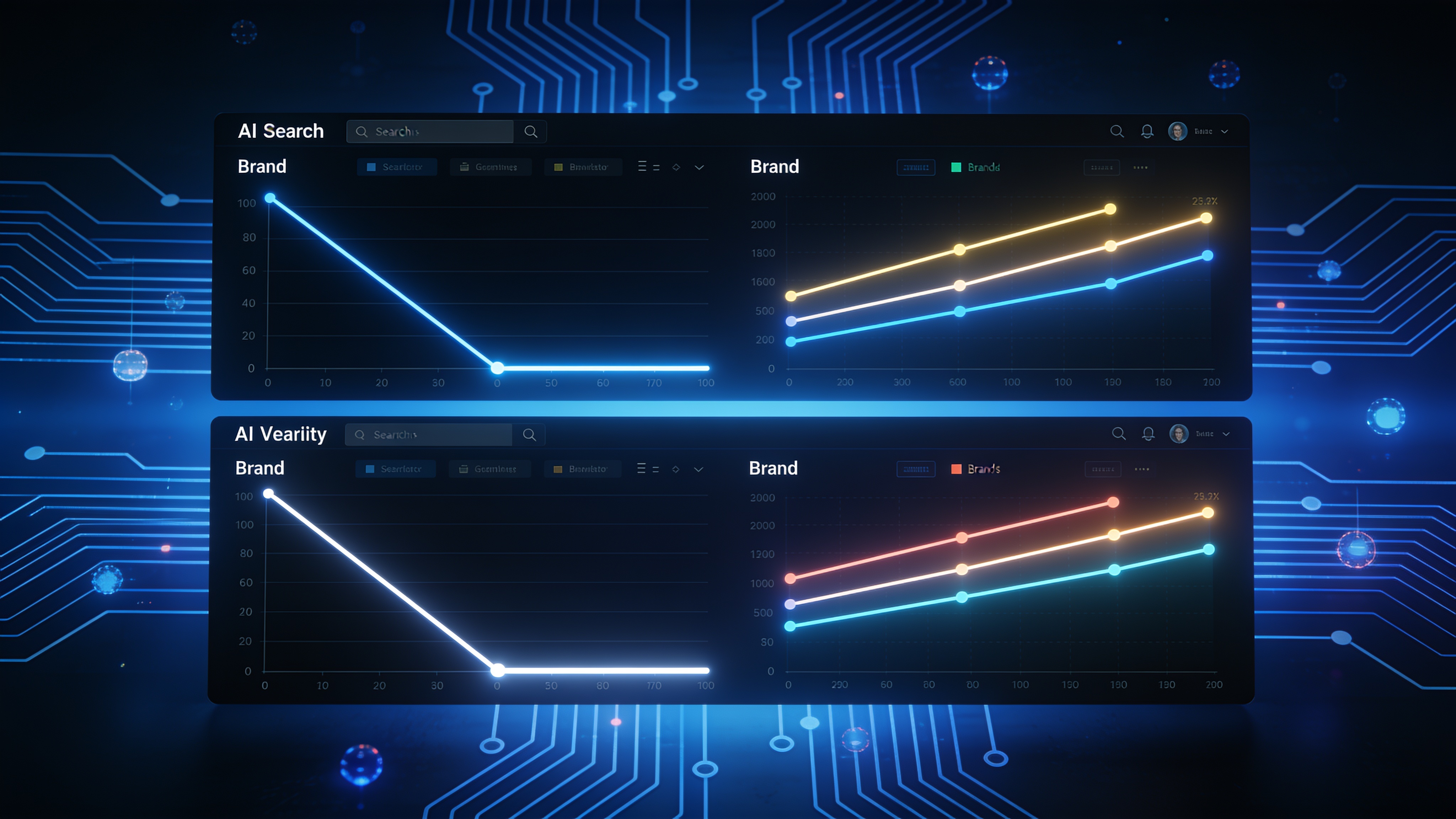 AI visibility drop dashboard concept showing a brand's citation metrics declining while competitor brands remain prominently cited in AI-generated answers