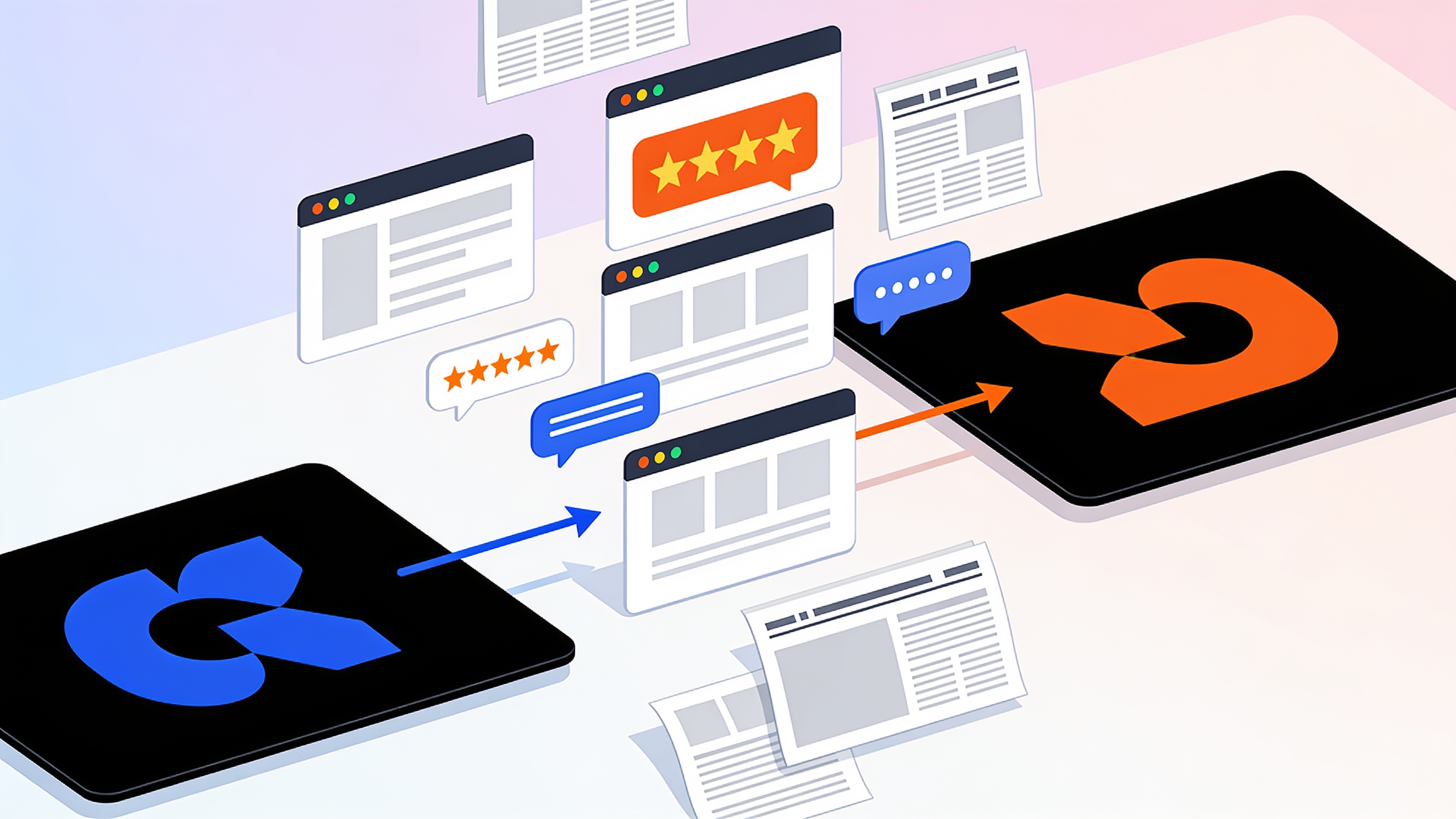 Competitor citation source analysis illustration comparing two brands' third-party source footprints across AI search platforms