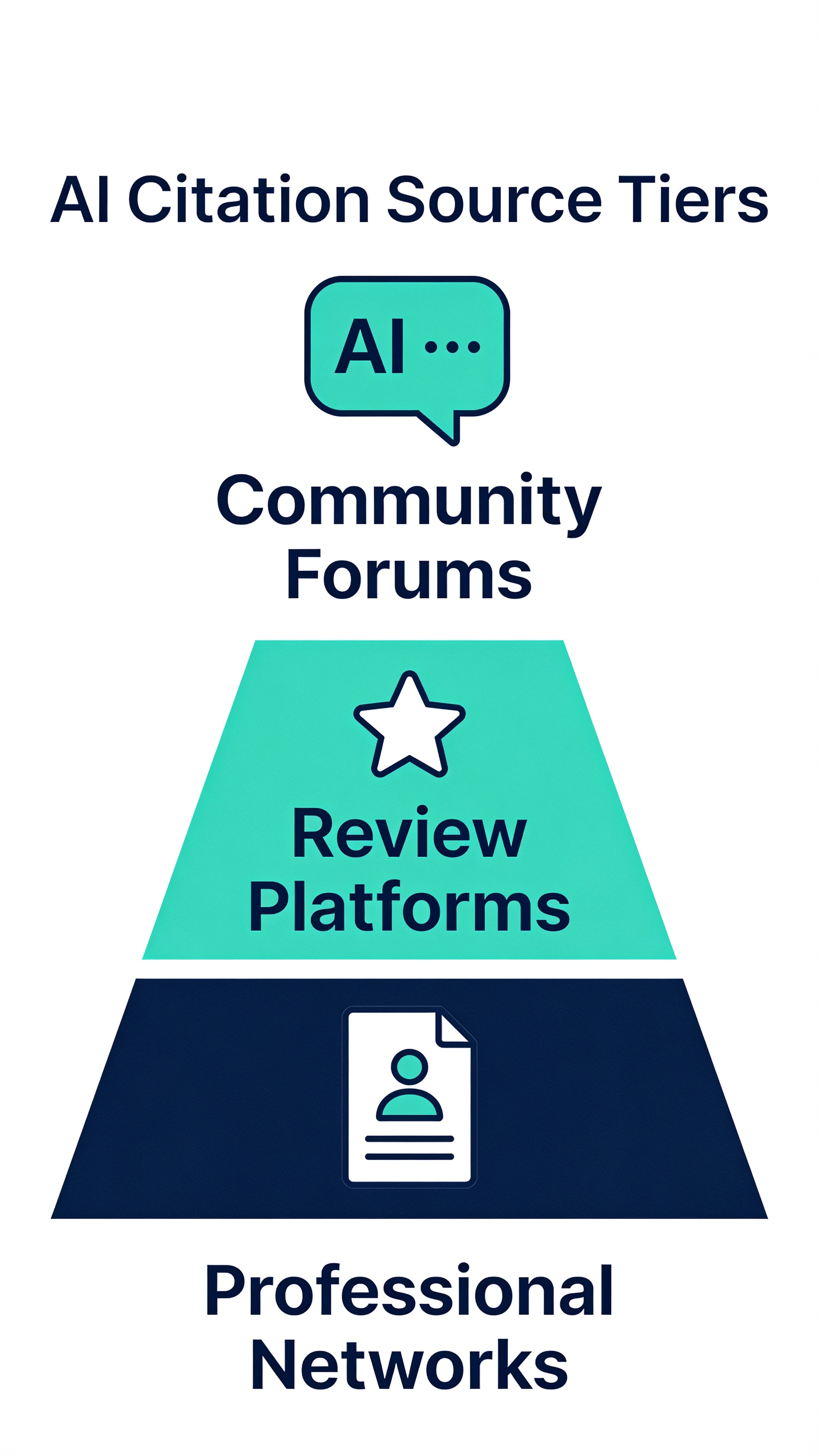 Third-party sources AI search citation tier diagram showing community forums, review platforms, and professional networks ranked by AI citation weight
